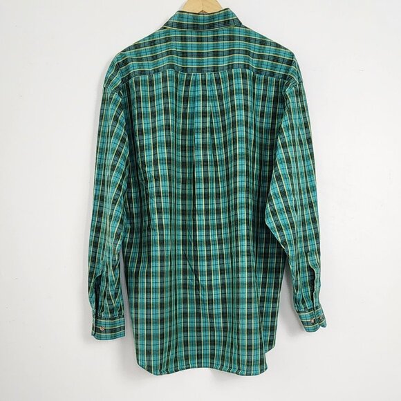 Vtg Cotton Plaid Long Sleeve Collared Button Down Shirt Turquoise Green Yellow - Picture 3 of 16